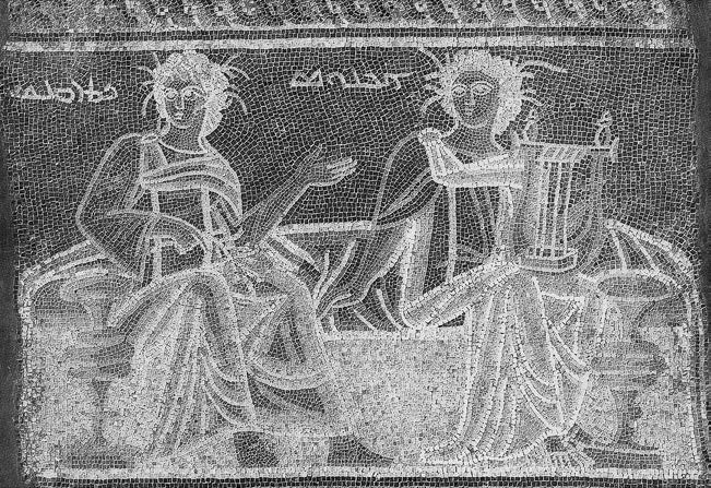 Edessan mosaic representing Achilles and Patroclus. Courtesy of the Bible Lands Museum Jerusalem, Israel.